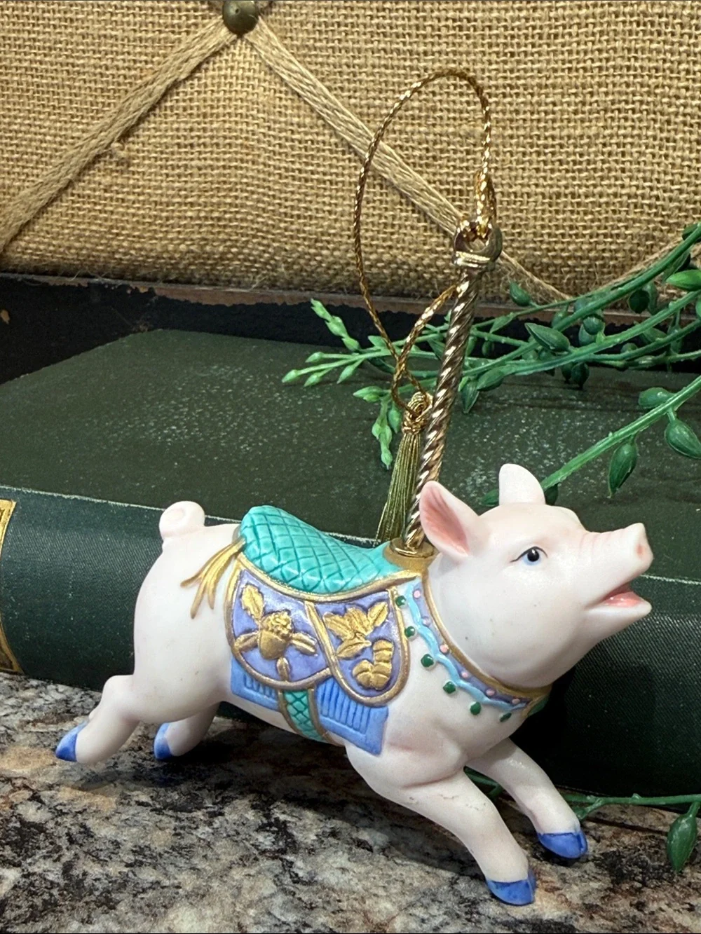 Lenox Pink Pig Carousel Ornament with Teal Saddle and Gold Trim